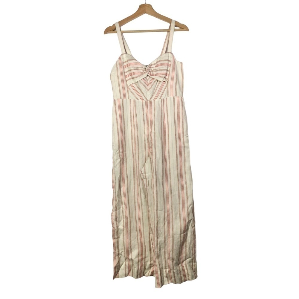 Rebecca Taylor White & Pink Stripe Wide Leg Linen Cropped Jumpsuit 8 - Picture 3 of 7